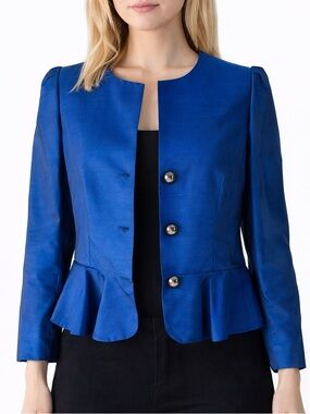 Giorgio Armani Blue Silk Blend Peplum Blazer Italy Size 42 US 6 Medium Vintage